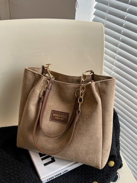 Khaki Casual,Fashionable Collar  Fabric Colorblock,Letter Shoulder Tote Bag Embellished   Women Bags Handbags For School, Suede Tote Bag, Beg Tangan, Everyday Handbag, Stylish Tote Bag, Suede Tote, Suede Fashion, Casual Tote, Shoulder Tote Bag