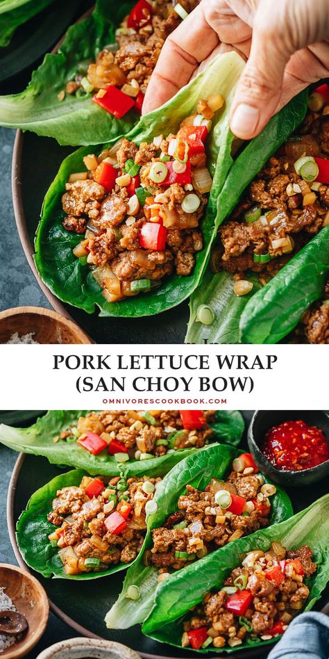 A super easy and fast San Choy Bow, or pork lettuce wrap recipe, that features tender pork and crisp vegetables brought together with a scrumptious brown sauce served on lettuce leaves. Make a light healthy meal or complete your Chinese dinner with this colorful dish! {Gluten-Free adaptable} San Choy Bow Recipe, San Choy Bow, Chinese Dinner, Pork Lettuce Wraps, Popular Appetizers, Bite Size Appetizers, Wrap Recipe, Colorful Dishes, Lettuce Wrap Recipes