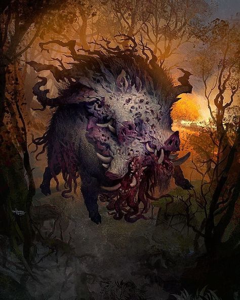 Demon Horror Fantasy Art, Fantasy Horror Creatures, Boar Monster, Horror Monster Art, Scary Monster Art, Creatures Scary, Horror Character Design, Dark Fantasy Creatures, Horror Creatures