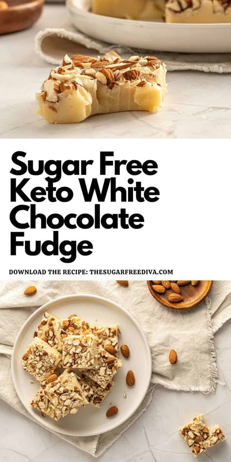 Sugar Free Keto White Chocolate Fudge, a simple four ingredient dessert recipe. Vegan, sugar free, keto, low carbohydrate diet friendly. Keto White Chocolate, Best Coconut Cake Recipe, Low Fat Baking, Caramel Candies Recipe, Sugar Free Fudge, Sugar Free Desserts Easy, Sugar Free White Chocolate, Low Carb Candy, Keto Fudge