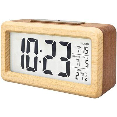 clock with time, calendar and temperature which can be displayed in F or C. The display symbols are perfect for both time and day/date information even for across-the-room viewing. | Latitude Run® Everwood Battery Operated Wooden Led Digital Alarm Clock, Smart Sensor Night Light w/ Snooze, Date, Temperature, 12/24Hr Switchable Light Temperature, Wooden Calendar, Sensor Night Lights, Sleep Time, Shelf Clock, Radio Clock, Digital Clock, Tabletop Clocks, Digital Clocks