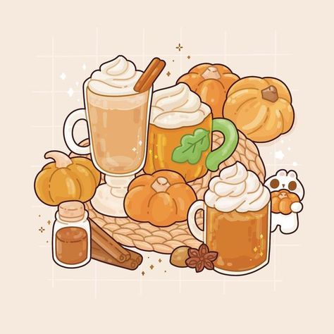 Pumpkin Autumn, Spell Illustration, Aesthetic Autumn Drawings, Kawaii Art Styles, Fall Aesthetic Art, Kawaii Fall Drawings, Pumpkin Spice Cafe Book Fanart, Pumpkin Spice Drawing, Autumn Food Illustration