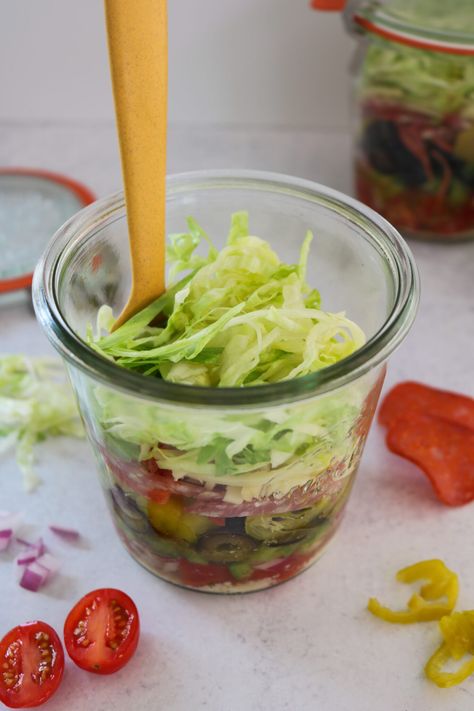 Mason Jar Grinder Salad - Healthy Mama Kris Grinder Salad In A Jar, Grinder Salad Mason Jar, Viral Grinder Sandwich, Grinder Salad, Grinder Sandwich, Mason Jar Recipe, Jar Salad, Mason Jar Salad Recipes, Banana Peppers