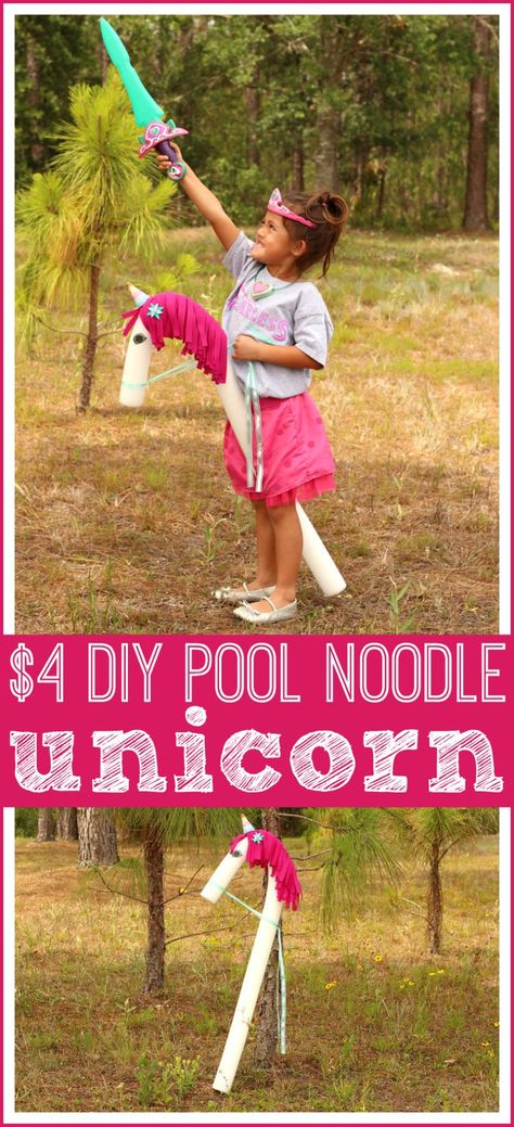 Easy Pool Noodle Unicorn DIY, made for under $4 | Craft your own horse or unicorn out of pool noodles, just like Trinket from Nella the Princess Knight #nellatheprincessknight #unicorn #kidscraft #kidscrafts #kidsactivities #diy #crafts #craftsforkids Pool Noodle Unicorn Diy, Unicorn Diy Costume, Pool Noodle Horse, Noodle Horse, Nella The Princess Knight, Knight Birthday Party, Unicorn Diy, Princess Knight, Pool Noodle Crafts