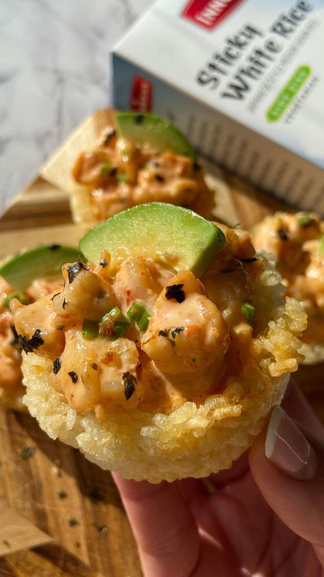 Spicy Shrimp Crispy Rice Cups | the ULTIMATE snack or appetizer✨ I love using @EatInnovAsian Sticky White Rice for sushi, onigiri & so… | Instagram Spicy Shrimp Crispy Rice Cups, Crispy Rice Shrimp Bites, Shrimp Sushi Cups, Crispy Rice Cups, Shrimp Recipes Asian, Coco Rice, Rice For Sushi, Sushi Onigiri, Sticky White Rice