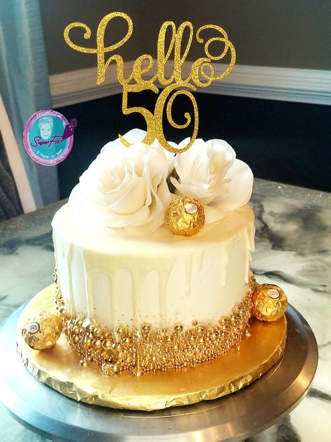 50 Birthday Cake Women, Small 50th Birthday Cake, White And Gold Cake Ideas Birthday, 50th Birthday Cake For Women Simple, Simple 50th Birthday Cake, 50th Birthday Cakes For Women Elegant, 50th Birthday Cake Ideas For Women, White And Golden Cake, 50 Birthday Cake Ideas For Women