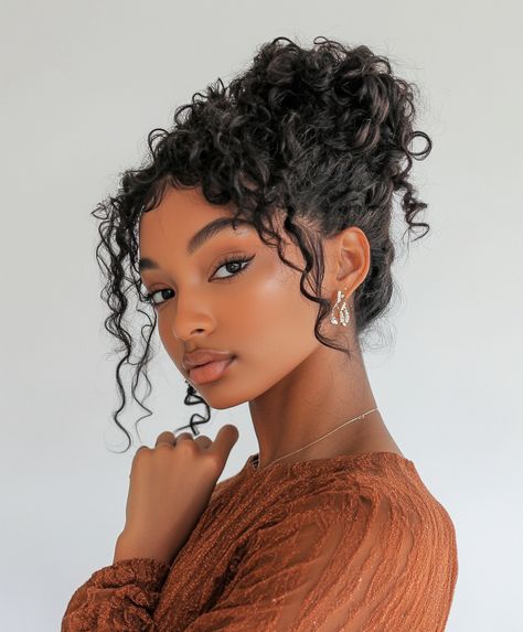 👱 Glamorous Braids Updo Hairstyle: Vibrant Curly Updo With Braid Look Natural Buns For Black Women, Curly Girl Updo Hairstyles, Curly Hair Formal Updo, Afro Hair Updo, Natural Curly Updo Hairstyles, Natural Curly Wedding Hairstyles, Formal Natural Hairstyles, Curly Updo Hairstyles For Black Women, Curly Bun Updo