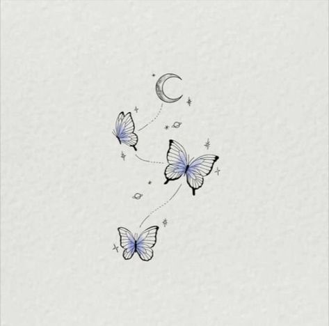 Butterfly Universe Tattoo, Butterfly Moon Tattoo Small, Moon Star Butterfly Tattoo, Butterfly Moon Drawing, Butterfly Moon And Stars Tattoo, Moon And Butterfly Tattoo Designs, Small Spiritual Tattoos Universe, Whimsical Butterfly Tattoo, Moon And Butterfly Tattoo