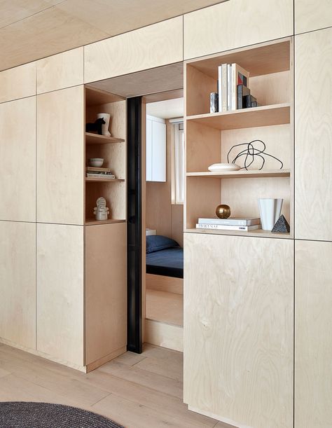 Richmond Apartment, Apartemen Studio, Plywood Storage, Japanese Apartment, Plywood Interior, Micro Apartment, Apartment Renovation, Compact Living, Plywood Furniture