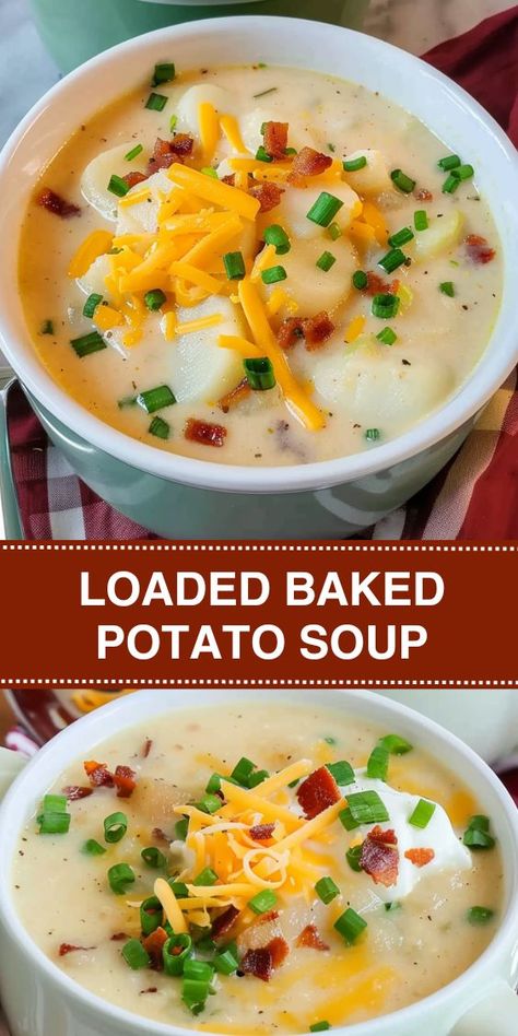 Try this loaded baked potato soup recipe for a warm and comforting meal. Made with crispy bacon, creamy potatoes, cheddar cheese, and a hint of cayenne pepper, this soup is perfect for chilly days. Easy to make in one pot, this hearty soup is great for family dinners or meal prepping. Serve with fresh chives and sour cream for an extra burst of flavor. Save this recipe for a delicious and satisfying homemade soup. Panera Baked Potato Soup Recipe, Panera Baked Potato Soup, Potato Soup Recipes, Loaded Baked Potato Soup Recipe, Baked Potato Soup Recipe, Creamy Potatoes, Easy Crepe Recipe, Beef Stroganoff Easy, Loaded Potato Soup