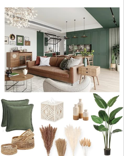 Green Gold Tan Living Room, Green Contrast Wall Living Room, Sage Green Industrial Living Room, Green Kitchen With Living Room, Green Neutral Living Room Ideas, Brown Green White Living Room, Neutral And Emerald Living Room, Sage And Forest Green Living Room, Living Room Designs With Green Walls