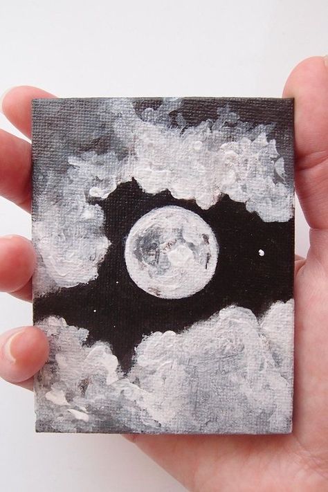 Full Moon Art, Mini Tela, Art Mini Toile, Mini Toile, Night Sky Painting, Cute Canvas Paintings, Tapeta Galaxie, Moon Painting, Seni Cat Air