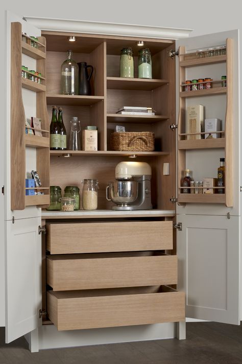 In need of kitchen storage inspiration? Our Howdens Larder Pantry is perfect for your kitchen storage ideas. Fill with your favourite cooking ingredients and food cupboard products for a modern kitchen design and easy accessible storage idea. Howdens Kitchens, Modern Kitchen Storage, Open Plan Kitchen Dining Living, Open Plan Kitchen Dining, Kitchen Cupboard Designs, Kitchen Pantry Design, Organizing Hacks, Kitchen Dining Living, Kitchen Room Design