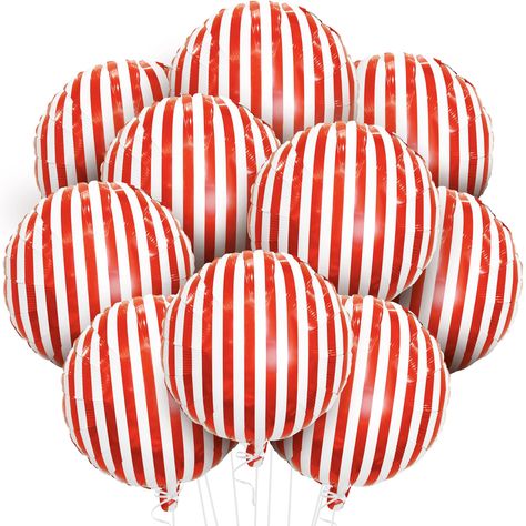 PRICES MAY VARY. BIG 18 INCH | PACK OF 10 | SHINY RED AND WHITE STRIPE BALLOONS : Looking for a unique carnival mylar balloons for circus theme party decorations? Our big carnival balloons for party as popcorn balloons will bring spirit of party. This giant circus balloons foil for carnival decorations for party is available in pack of 10 for Carnival Theme Party Decorations. This Big 18 inch red Stripe balloon are perfect for carnival themed decorations. Enoy your party with this Red and white Circus Christmas Decorations, Carnival Christmas Party Theme, Circus Bachelorette Party, Circus One Year Old Party, The Greatest Showman Party Decorations, Carnival Decorations Ideas Events, Winter Carnival Decorations, Christmas Carnival Decorations, Creepy Circus Decorations