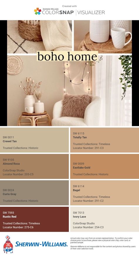 I just created this color palette with the Sherwin-Williams ColorSnap® Visualizer app on my Android phone. What do you think? You can learn more about ColorSnap Visualizer and get it on your phone free by visiting https://www.sherwin-williams.com/content/colorsnap.html. Boho Color Palette Sherwin Williams, Sherwin Williams Warm Neutrals, Bohemian Bedroom Colors, Sherwin Williams Color Palette, Bedroom Colour Palette, Color Chip, Brown Paint, Bohemian Bedroom, Bedroom Colors