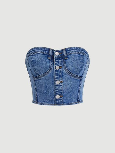 Denim Top Women, Shein Icon, Bodice Top, Denim Crop Top, Top Shein, Blue Crop Tops, Denim Top, Fashion Online Shop, Denim Women