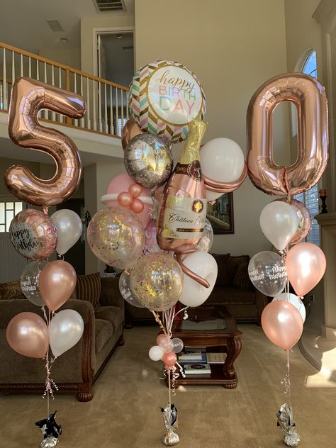 Rose Gold And Pink 50th Birthday Party, Rose Gold 90th Birthday, Party Ideas For Moms Birthday, 50th Birthday Ideas For Women Balloons, 50th Birthday Ballons Decoration, 50 Birthday Balloon Bouquet, 51st Birthday Ideas Women Party, Ideas 50th Birthday For Women, 50th Rose Gold Birthday Ideas