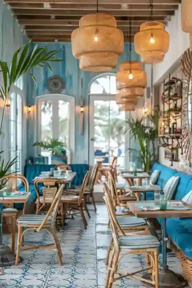 Image Outdoor Beach Restaurant Design, Beach Restraunt, Beach Themed Restaurant, Boho Cafe Design, Chair Design For Restaurant, Seafood Restaurant Design, Beach Club Design, Beach Bar Design, Wicker Lamps