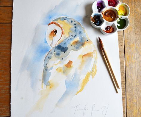 Owl Watercolor Tutorial, Loose Watercolor Birds, Watercolour Owl, Barn Owl Painting, Barn Drawing, Watercolour Animals, Watercolor Barns, Loose Watercolour, Owl Tutorial