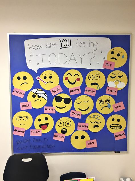 Emoji bulletin board, how are you feeling today, nurses office, elementary school, bilingual School Office Room Decoration Ideas, Feeling Bulletin Boards, My Emotions And Feelings Bulletin Board, Emoji Bulletin Board Ideas For School, Feelings And Emotions Bulletin Board, How Are You Feeling Bulletin Board, Feeling Board Classroom, Feeling Board Preschool, Emotions Bulletin Board Preschool