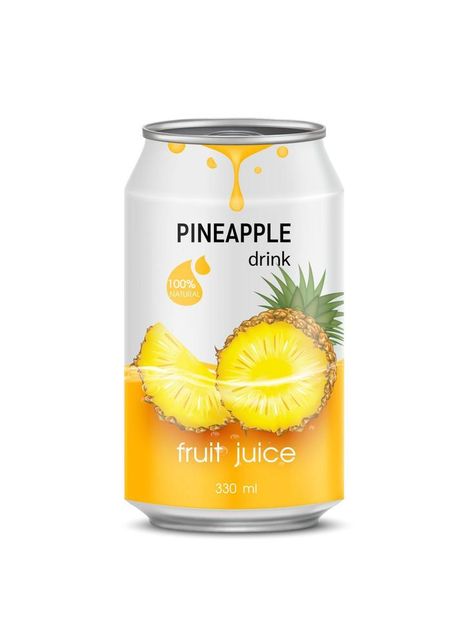 Pineapple juice soft drink in aluminum can and design of pineapple fruit yellow packaging mock up.  Isolated on a white background. Realistic vector EPS10 illustration. Yellow Label Design, Juice Can Design, Fruit Bottle Design, Pineapple Vector Illustration, Premium Juice Packaging, Soft Drinks Packaging, Bottle Juice, Bottle Drink, Juice Bottle