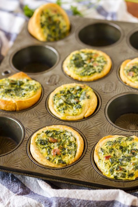 Mini Spinach Quiche -- these cute little mini quiche filled with spinach and bacon are a delicious and filling brunch idea! They’re also very tasty cold, making them an excellent on the go breakfast option… | easy mini spinach quiche | mini spinach quiche recipe | mini spinach quiche brunch | mini spinach quiche crescent rolls | find the recipe on unsophisticook.com Quiche Recipes Cupcake, Cold Quiche Recipes, Quiche Recipes Easy Muffin Pan, Cupcake Quiche Recipes, Cupcake Quiche, Luau Brunch, Mini Spinach Quiche, Quiche Cupcakes, Quiche Brunch