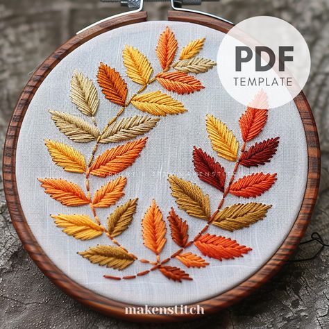 Embroider a cute fall-themed decoration with this fall leaves hand embroidery pattern! This sampler showcases beautifully detailed leaves in vibrant autumn colors. Suitable for all skill levels, it's ideal for adding a seasonal touch to your projects or creating unique gifts. PLEASE NOTE: *  This is NOT a complete pattern - Only the template is provided. An image of the finished design is included for inspiration. * The pattern does NOT include step-by-step instructions, stitch guides, or color codes. *  This is a digital download, you will receive no physical items with this purchase. YOUR DOWNLOAD INCLUDES: *   Printable pattern scaled to fit 4" to 8" hoops *   Beginner's Embroidery Guide  *   Image of the finished design is included for inspiration. HOW TO ACCESS YOUR DIGITAL FILES: * Fall Hand Embroidery, Autumn Leaves Embroidery, Embroidery Hacks, Dog Portrait Drawing, Embroidery Guide, Autumn Embroidery, Fall Embroidery, Fall Embroidery Designs, Pattern Leaves