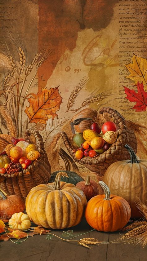 A warm and nostalgic vintage Thanksgiving wallpaper that captures the essence of a classic fall celebration. The richly textured background features a harmonious blend of muted earthy tones, including burnt orange, antique gold, and deep brown. Detailed pumpkins, each with a unique character, stand proudly in the foreground. Cornucopias brimming with vibrant harvest fruits are interspersed among the scene, adding a touch of abundance and harvest bounty. Thanksgiving Ipad Wallpaper Backgrounds, Thanksgiving Vintage Images, Thanksgiving Pictures Image, Vintage Fall Backgrounds, Thanksgiving Backgrounds Aesthetic, Wallpapers Thanksgiving, Vintage Thanksgiving Images, Thanksgiving Wallpaper Iphone, Free Thanksgiving Wallpaper