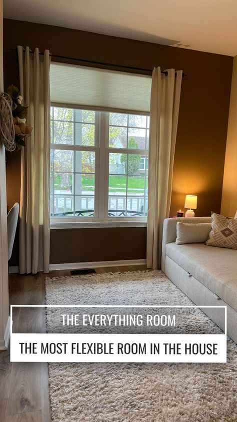 Photo of our everything room with a couch, lamp and window Guest Bedrooms Decor, Bedroom Office Combo Ideas, Guest Bedrooms Ideas, Guest Bedroom Designs, Office Guest Room Combo Ideas, Cozy Guest Bedroom Ideas, Multi Purpose Home Office, Guest Bedroom Decor Ideas, Bedroom And Office Combo Ideas