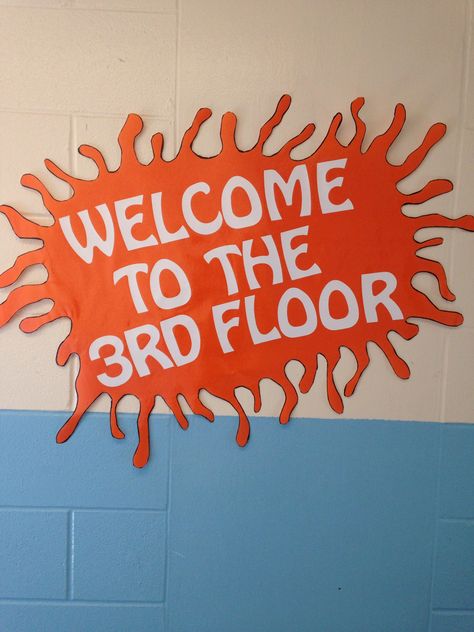 Nickelodeon themed welcome sign Nickelodeon Ra Door Decs, Nickelodeon Door Decs, Nickelodeon Classroom Theme, Rugrats Classroom Theme, 90s Bulletin Board Ideas, Nickelodeon Bulletin Board, 90s Bulletin Board, Hall Themes, Residence Life Bulletin Boards