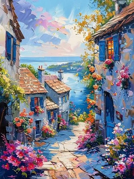 Mediterranean Paintings, Flowers House, Diy Oil Painting, Lucky Wallpaper, Colorful Buildings, Water Landscape, Beach Illustration, Sea Landscape, Painting For Home