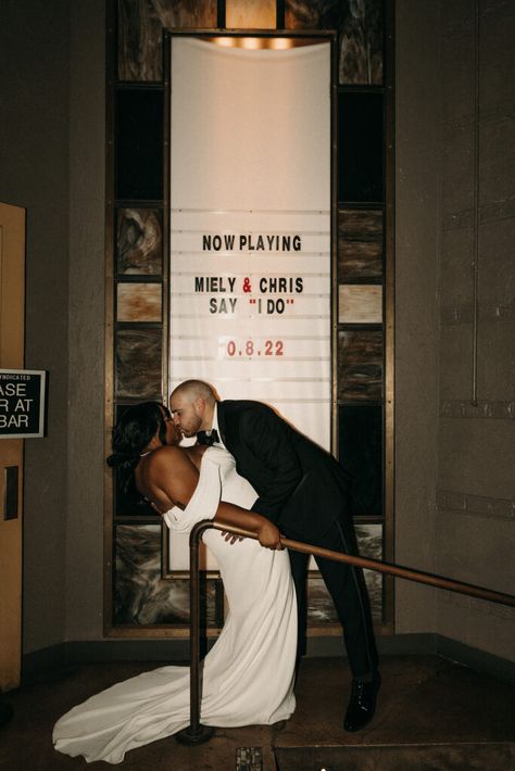 Unique and Playful Wedding in a Brooklyn Movie Theatre Wedding Ideas Movie Theme, Wedding Themes Aesthetic, Movie Poster Engagement Photos, Movie Theatre Wedding Ceremony, Movie Theme Engagement Photos, Wedding Movie Night, Movie Wedding Aesthetic, Theatre Wedding Photos, Theatre Wedding Theme