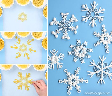 These pasta snowflakes are SO PRETTY! Glue together dried pasta noodles to make beautiful snowflake shapes! It's such a fun and easy kids craft for winter and Christmas. Hang your pasta snowflake ornaments on the Christmas tree or use them as decorations for the whole winter season! Pasta Snowflake Craft, No Bake Ornaments For Kids, Christmas Elementary Crafts, Winter Tree Crafts For Kids, Christmas Tree Ornament Crafts For Kids, Snowflake Projects For Kids, Christmas Noodle Crafts, Holiday Kid Crafts, Kindergarten Snowflake Art