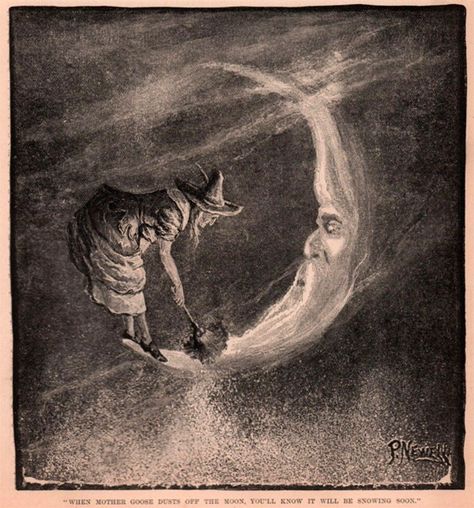 "When Mother Goose dusts off the moon, You know it will be snowing soon.", Peter Newell, cover for Harper's Young People, An Illustrated Weekly, Vol VL., No. 279,3, March 1885. Arte Occulta, Baba Jaga, Personaje Fantasy, Vintage Moon, Vintage Witch, Season Of The Witch, Halloween Images, Arte Obscura, Witch Art