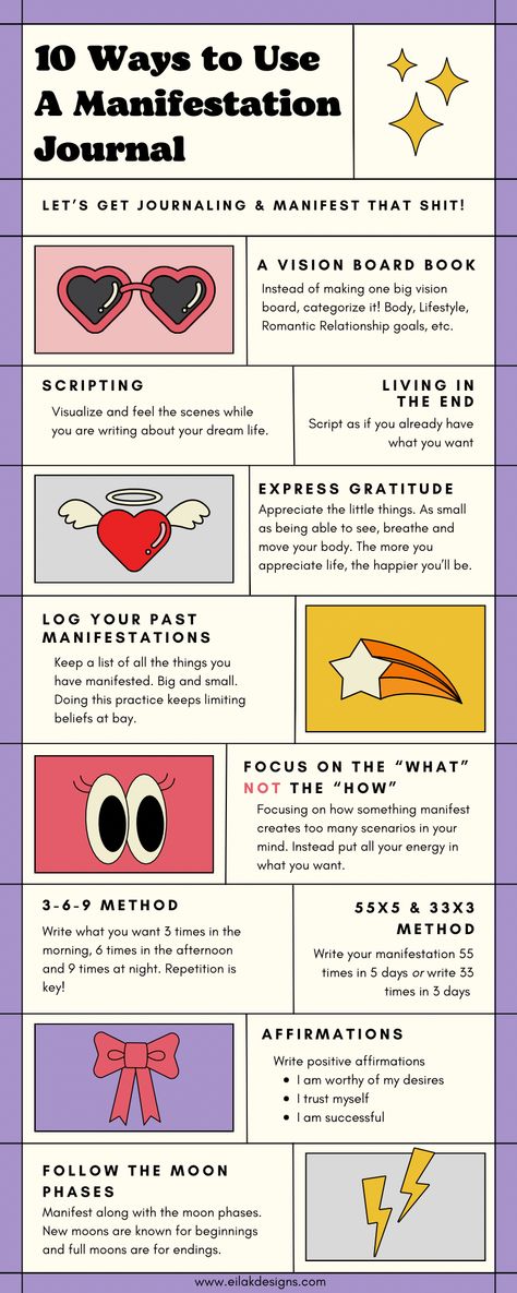 1. Create a vision board book 2. Script 3. Living in the End 4. Express Gratitude 5. Log your past manifestations 6. Focus on the “what” not the “how” 7. 3-6-9 method 8. 55x5 / 33x3 method 9. Writing affirmations 10. Follow the moon phases 33 X 3 Manifestation, 55×5 Method, 55×5 Manifestation Method, 3x33 Manifestation Method, 3 6 9 Manifestation Method Example, Journaling Methods, 3 6 9 Manifestation Method, 3 6 9 Method, Manifest Methods