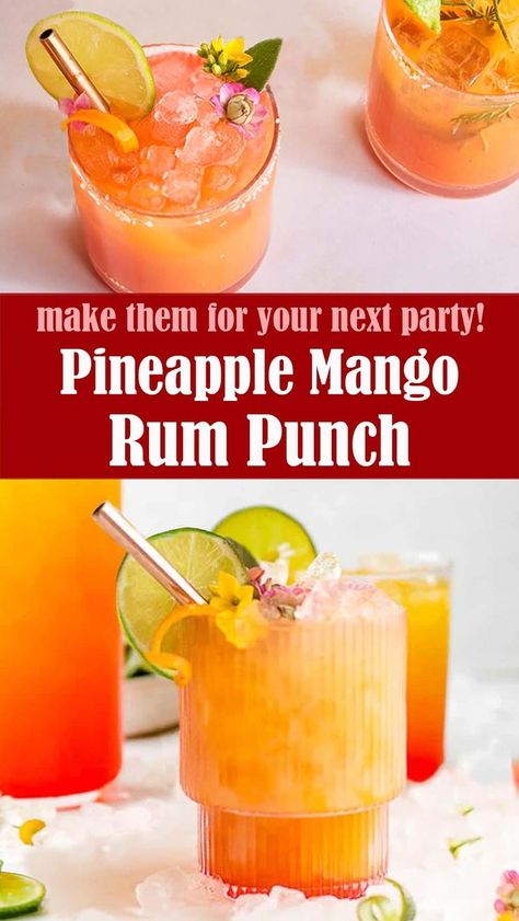 This Pineapple Mango Rum Punch is the perfect way to create that tropical beach feeling and is sure to become one of your new favorite recipes! Perfect for pool parties and patio happy hours, the delicious flavors of this easy cocktail will remind you of tropical vacations! Mango Punch Alcoholic, Luau Party Cocktails, Tropical Drinks Recipes Alcohol Pitcher, Mango Cocktail Recipes, Pineapple Mango Rum Punch, Tropical Rum Punch, Coconut Rum Punches, Malibu Pineapple, Tropical Drink Recipes