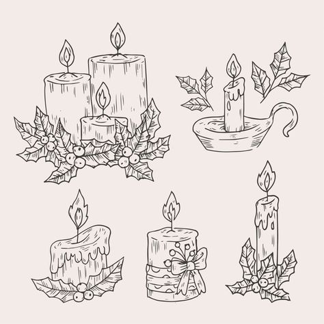 Yule Doodles, Christmas Candle Illustration, Yule Drawings, Christmas Candle Drawing, Christmas Card Drawing Ideas Hand Drawn, Christmas Candle Art, Christmas Card Doodles, Candles Drawing, Candles Illustration