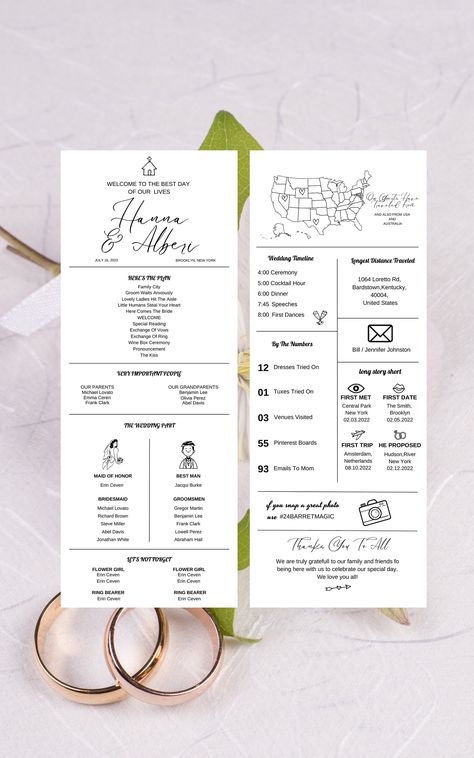 "DIY infographic wedding program canva template, Customıze fun wedding programs, non traditional wedding program, editable in canva, Personalizable THIS IS A DIGITAL ITEM. NO PRINTED ITEM WILL BE SHIPPED TO YOUR HOME. You can personalize it using the CANVA App to create your own wedding stationery and instantly download and print it. The perfect template for DIY brides. 4.25x11 INCH Add your own text, change the size of the text, delete and add text boxes.Change the color of the text, background Creative Wedding Program Ideas, Wedding Party Program Ideas, Order Of First Dances At Wedding, Wedding Program Fun Facts, Fun Facts Wedding Programs, Program Wedding Ideas, Reception Programs Wedding, Wedding Ceremony Handouts, Wedding Day Timeline For Guests