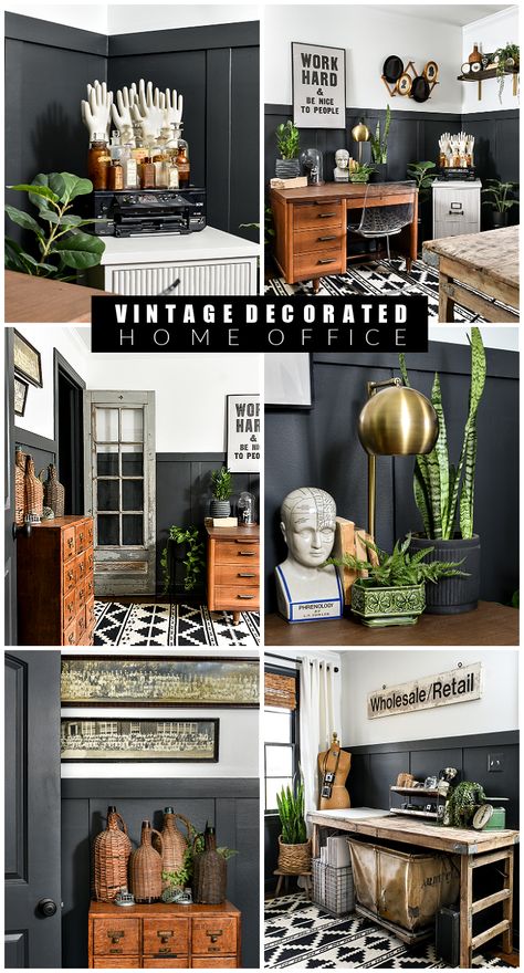 2023 Home Office Ideas, Office Decor Vintage Inspiration, Office Vintage Design, Grunge Office Decor, Eclectic Home Office Inspiration, Modern Vintage Home Office, Vintage Home Office Decor, Black Office Aesthetic, Vintage Office Decor Ideas