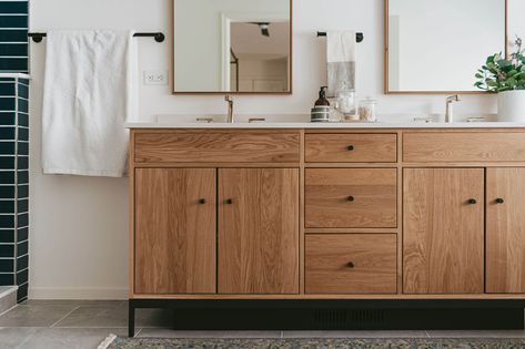 Mid-Century Scandinavian Owner's En Suite Bathroom Reveal | Jkath Design Build + Reinvent Farmhouse Ensuite, Mosaic Shower Wall, Hale House, Slab Cabinets, Mid Century Farmhouse, Master Bath Renovation, Century Farmhouse, Marble Showers, Suite Bathroom