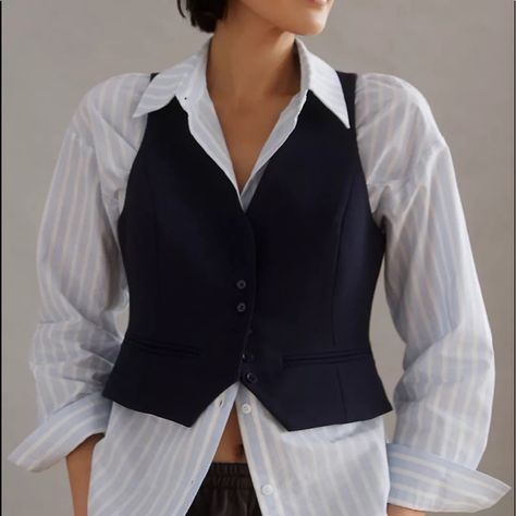 This Is A Beautifully Constructed Vest! Polyester, Elastane Button Front Color: Navy Dimensions 18.5"L Formal Vest Outfits For Women, Navy Vest Outfit, Gilet Outfit Women, Waistcoat Outfit Women, Vest Outfit Women, Gilet Outfit, Outfit Recommendations, Waistcoat Outfit, Red Waistcoat