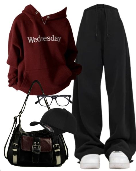 OOTD: Vintage Solid Color Hoodie + Baggy Sweatpants + Crossbody Bag Outfit Ideas Winter Baggy, Cute Outfits Sporty Casual, Baggy Clothes For Winter, Hoodies Outfits Aesthetic, Maroon Zip Up Hoodie Outfit, Cute Jackets For School, Cute Baggy Outfits For School, Baggy Sweatpants Aesthetic, Black Outfits Baggy