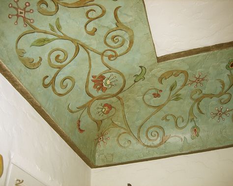 Ceiling cove stencil Ceiling Paint Ideas, Ceiling Cove, Cove Ceiling, Spanish Colonial Revival, China House, Decorative Walls, Coved Ceiling, Mural Stencil, Ceiling Painting