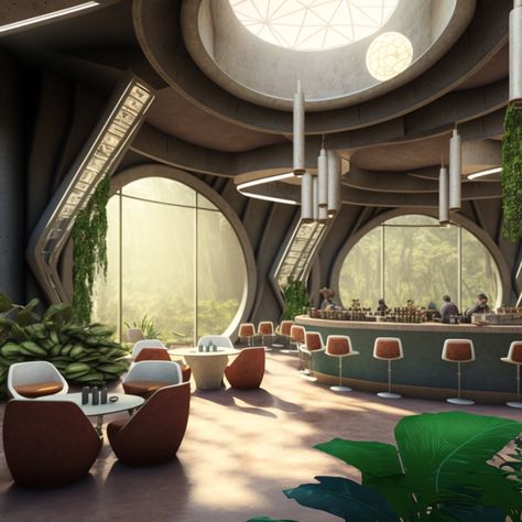 Space Cafe Concept Art, Futuristic Restaurant Interior Design, Futuristic Cafe Interior Design, Sci Fi Coffee Shop, Futuristic Bar Design, Futuristic Cafe Design, Futuristic Cafeteria, Futuristic Restaurant Design, Futuristic Coffee Shop