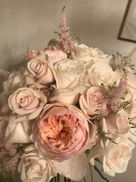 The perfect blush bridal bouquet! Vendelas, peach Juliet garden rose, blush garden rose, pink astilbe, euc, pale sprays Juliet Garden Rose, Pink Astilbe, Juliet Rose, Blush Bridal Bouquet, Blush Bridal, Garden Rose, Rose Blush, Rose Pink, Pale Pink