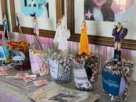 Bennett's ERAs Tour Birthday Party — PB&Grey Eras Tour Candy Bar, Taylor Swift Candy Table, Eras Food Ideas, Eras Party Theme, 18th Birthday Winter Party Ideas, Eras Bday Party, Taylor Swift Candy Bar Ideas, Eras Themed Party Food, Diy Taylor Swift Birthday Decor