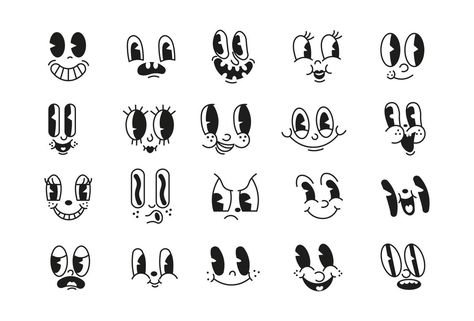 Illustration Eyes Cartoon, Vintage Cartoon Faces, How To Draw Vintage Cartoons, Rubber Hose Halloween, 1920 Cartoon Style, How To Draw Rubber Hose Style Art, Retro Cartoon Faces, Happy Cartoon Face, Smiley Logo Design