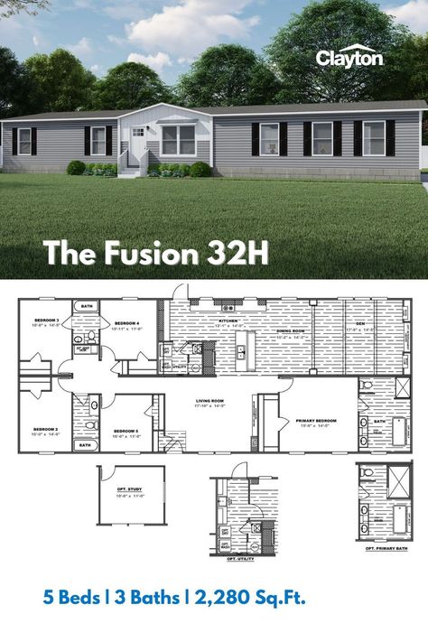 Are you looking to build a home with more space? Maybe you need a floor plan with a mother-in-law suite, space for an adult child or extra room for an office. The Fusion 32H is an affordable house plan with 5 bedrooms, 3 bathrooms and over 2,000 sq.ft. Check out more information on this house plan on the website. 5 Bedroom Mobile Home Floor Plans, 5 Bedroom Modular Home Plans, Modular Floor Plans, Modular Home Plans, Mobile Home Floor Plans, Modular Homes For Sale, Modular Home Floor Plans, Floor Plans Ranch, Affordable House Plans