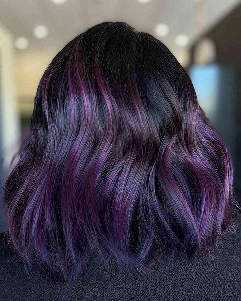 Deep Purple Balayage on Shoulder-Length Hair Partial Balayage Highlights, Ombre For Dark Hair, Base Hair Color, Deep Purple Hair, Purple Hair Color Ombre, Hair Color Ideas For Brunettes Short, Partial Balayage, Dark Ombre Hair, Purple Hair Highlights