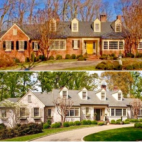 Homemade lime wash before and after: total cost for materials: $70 for a 10,000 sq ft house. Lime Wash Before And After, Limewash Brick House, Limewash Brick Exterior, Limewash Brick, Pack For Hawaii, Brick Ranch Houses, Lime Wash Brick, Red Brick House Exterior, House In The Hills